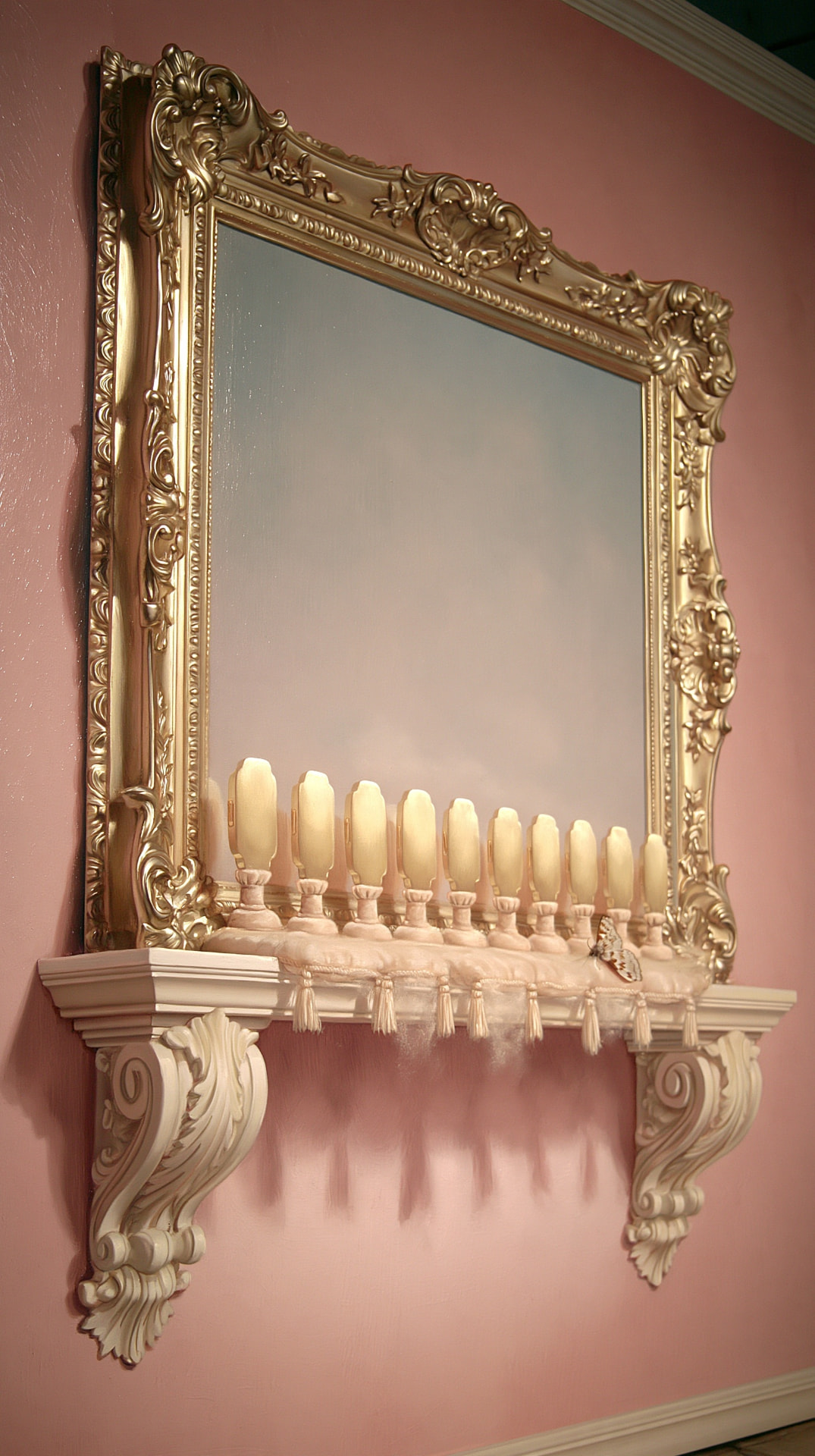 An ornate gilded shelf of identical golden slabs with one empty position and a bare velvet stand.