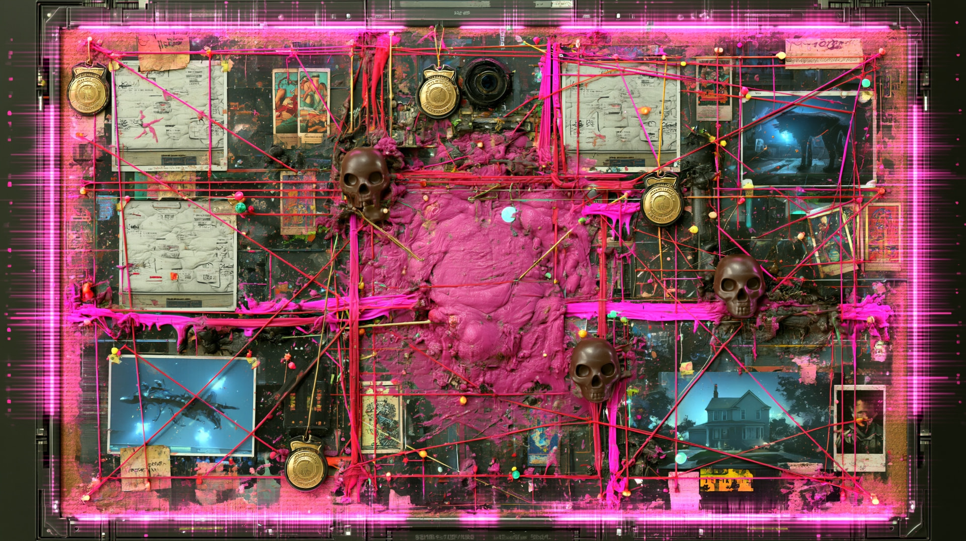 A corkboard of documents and photographs connected by red and pink string, coated in pink resin.