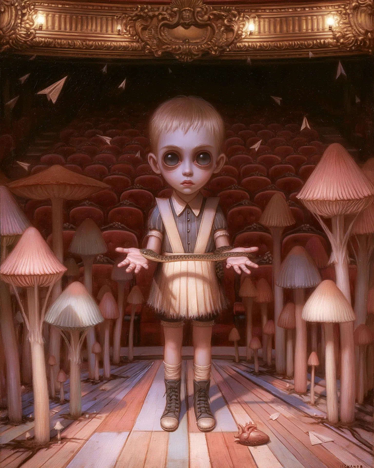 A porcelain doll child holding a snake on a gilded stage surrounded by giant mushrooms and paper airplanes.