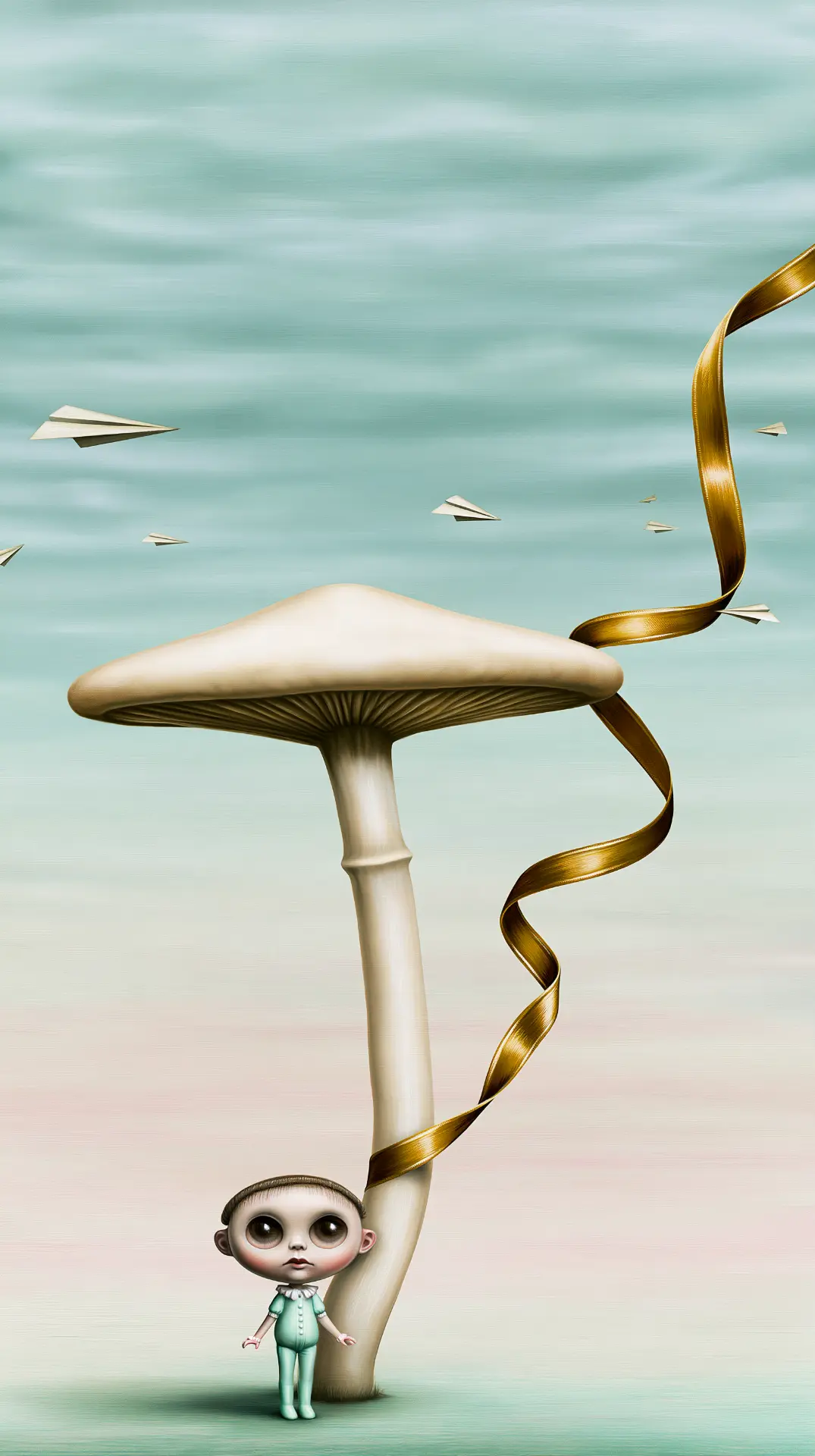 A single enormous pale mushroom in an empty pastel landscape with a tiny figure at its base.