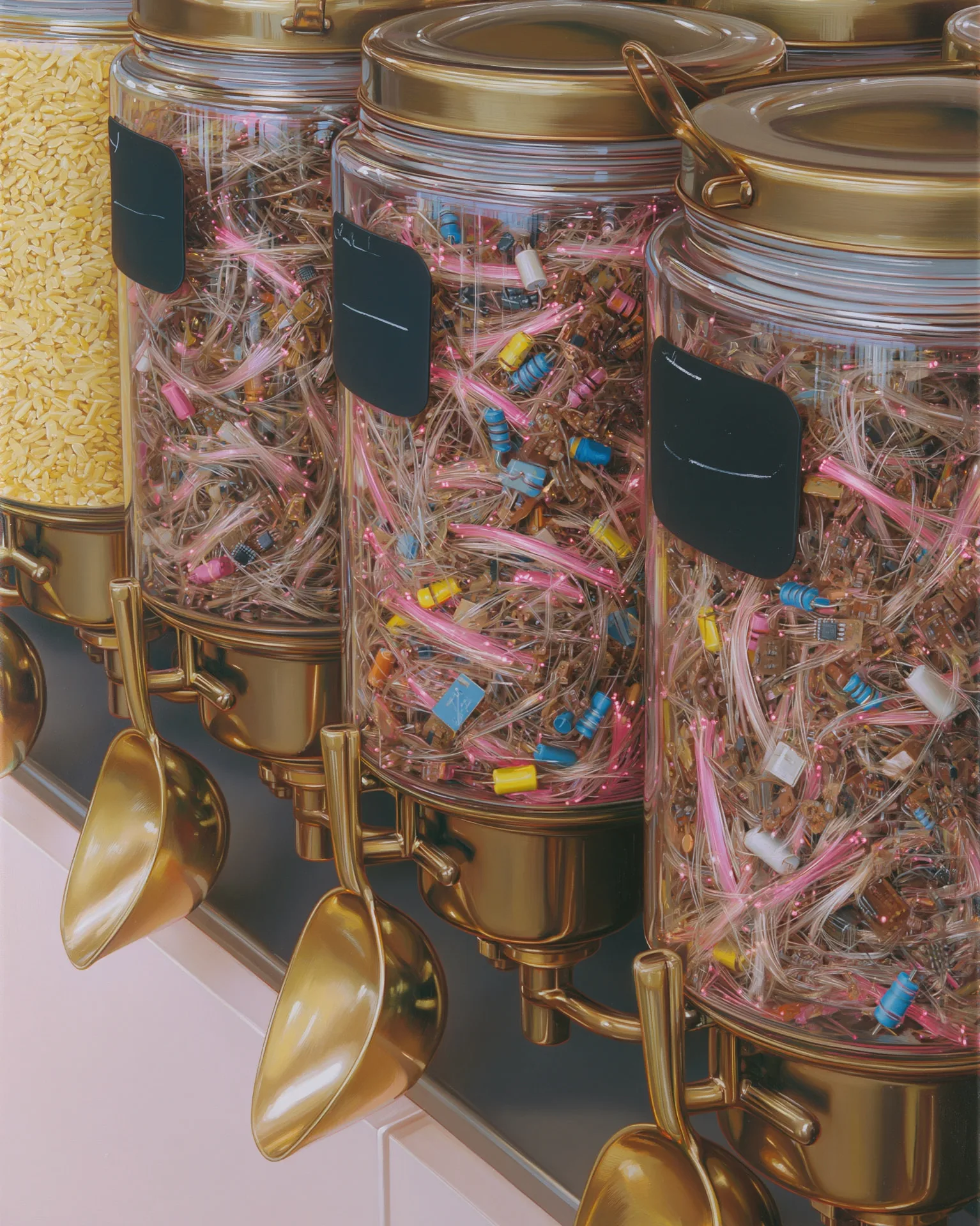 hyperreal painting of brass-lidded bulk dispenser jars filled not with grain but with tangled pink fiber-optic strands and electronic components, scoops hanging beneath them