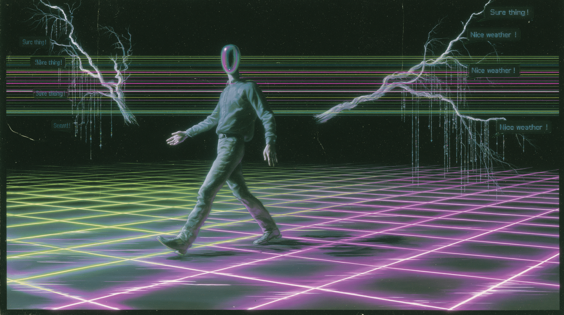 Faceless figure walking a neon grid surrounded by repeating 'Sure thing!' and 'Nice weather!' speech bubbles