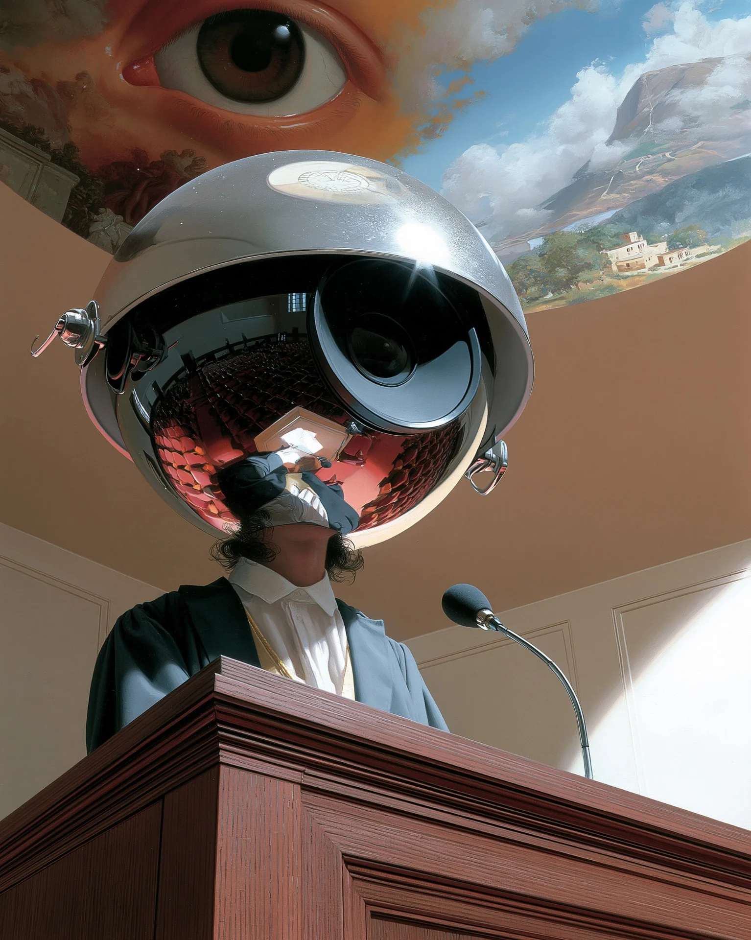 painted low-angle view of a robed official at a courtroom podium whose head is a chrome surveillance dome with a camera lens, a ceiling mural of a giant staring eye above him