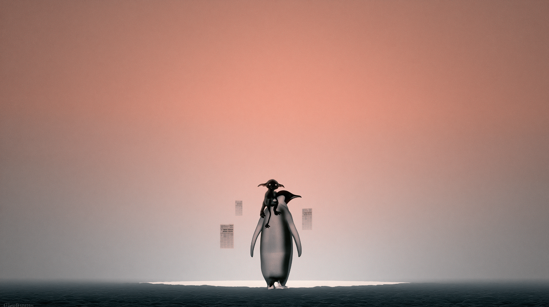 A lone penguin walking toward distant mountains across a pink-lit expanse