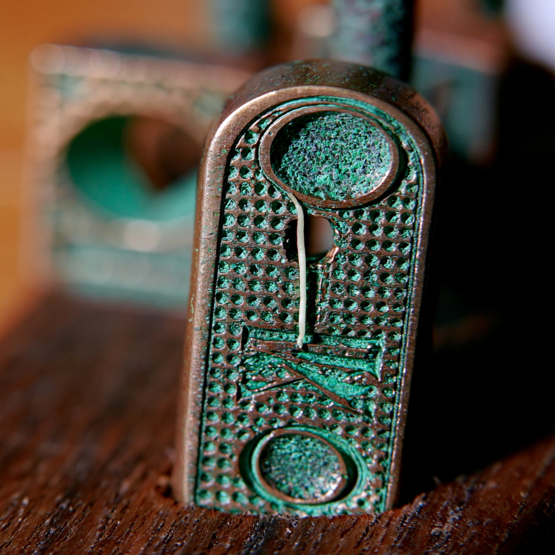 Specimen C: a verdigris-patinated brass accession plaque mounted on dark wood.