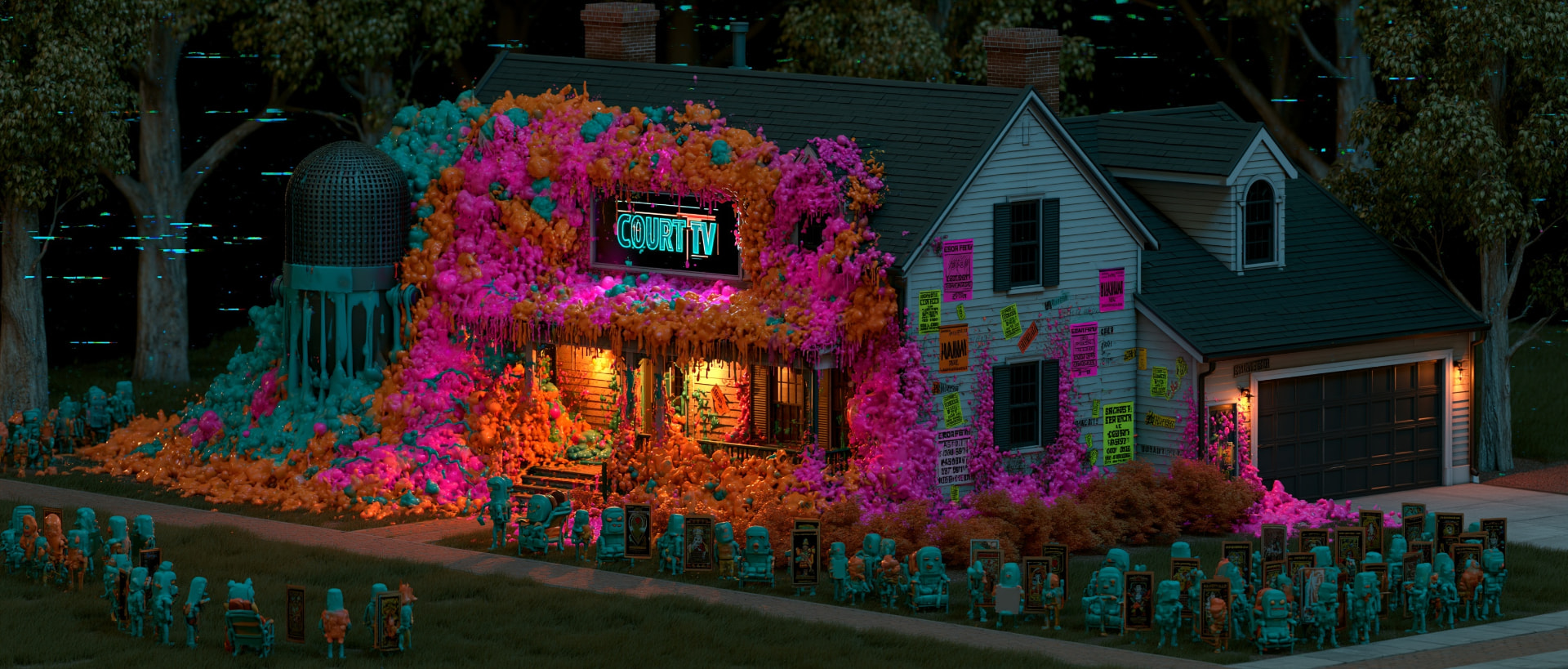 A suburban house at night overrun with pink and orange growth, a glowing courtroom-television sign on the facade, crowds of small figures lining the lawn.