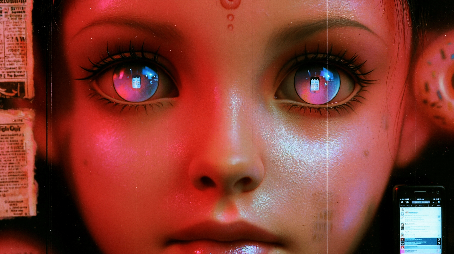 Glazed eyes reflecting a phone screen — the literal face of the glazed state.
