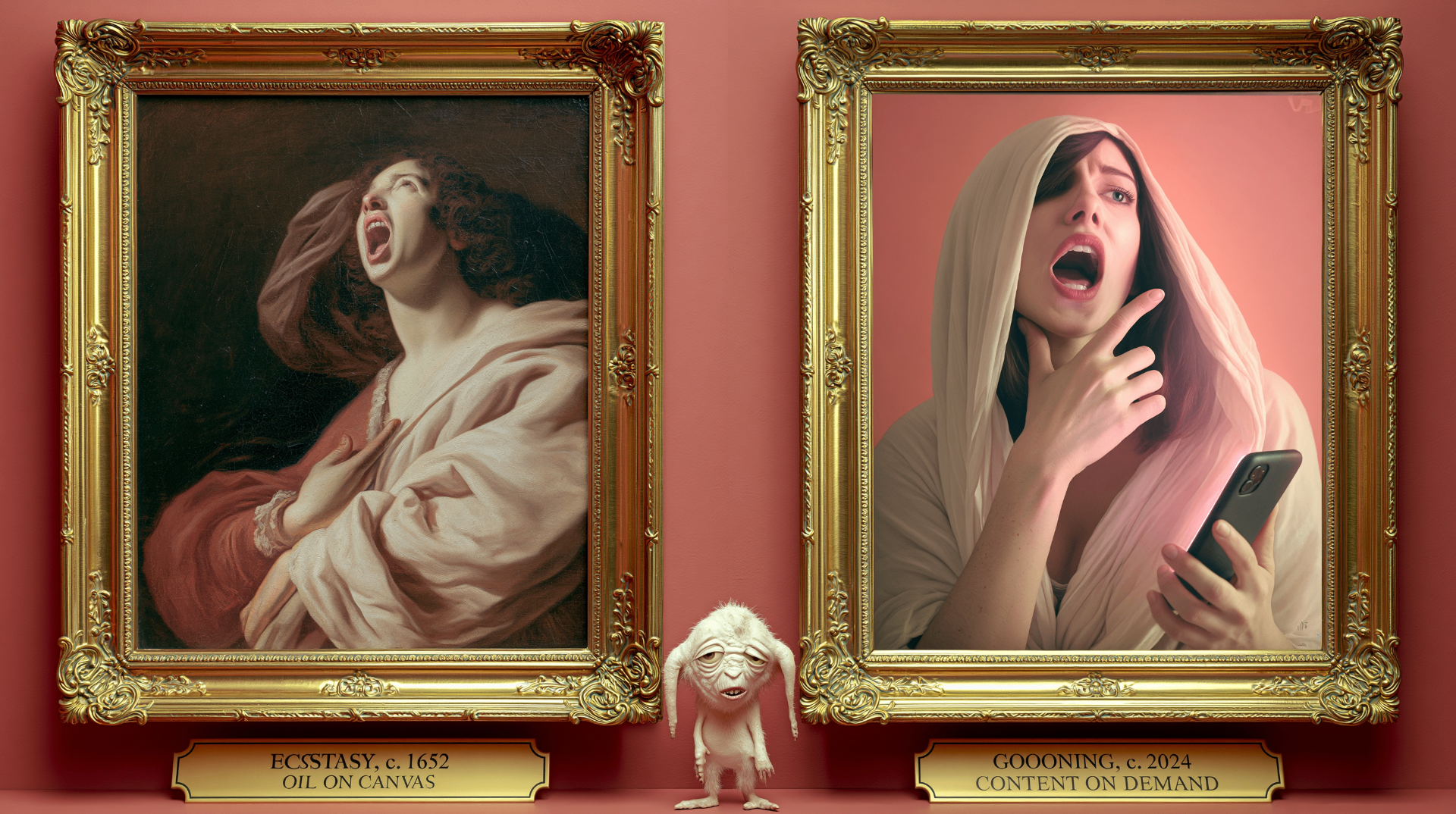 Split image showing Baroque religious sculpture expression compared to modern gooning face expression, both showing the same involuntary cognitive surrender