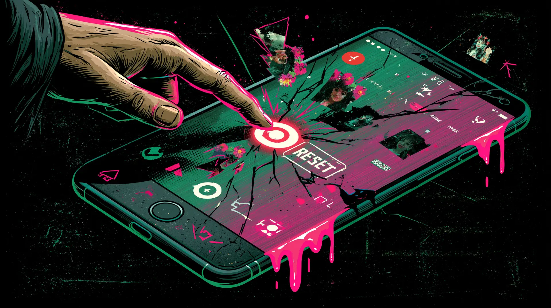 a cracked smartphone screen showing a corrupted 2016-era social feed of flower-crown selfies dissolving into static, a finger pressing a glowing RESET target as hot pink slime drips off the edge