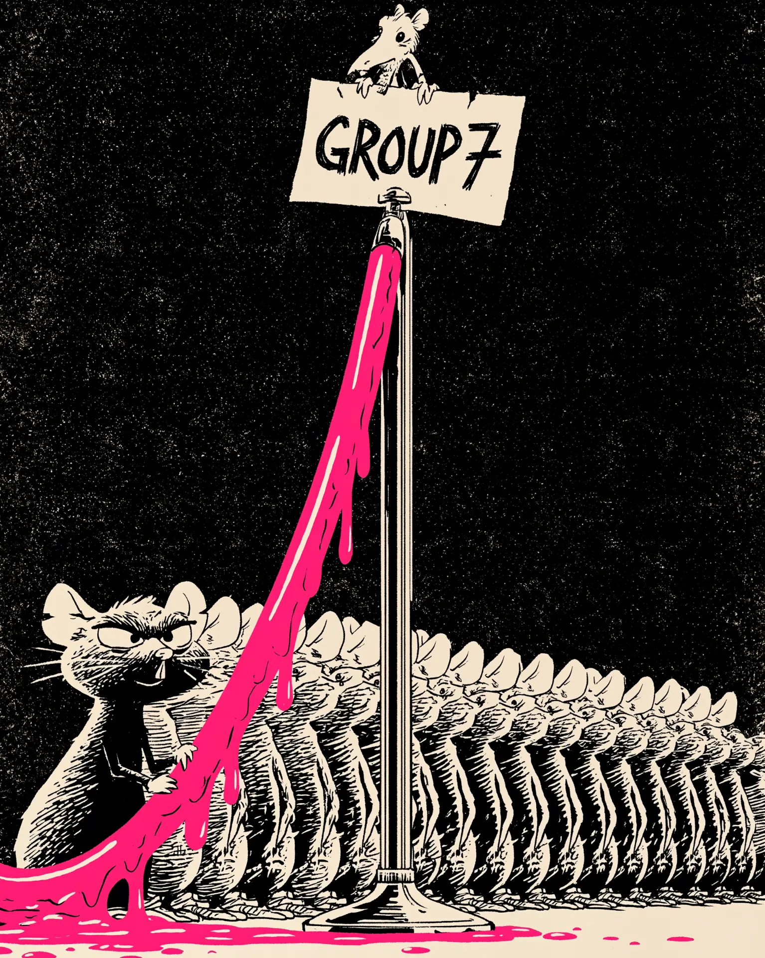 an inked cartoon of a velvet rope stanchion in a black void holding a hand-lettered GROUP 7 sign, an endless queue of identical rats waiting behind it while pink slime pours down the pole