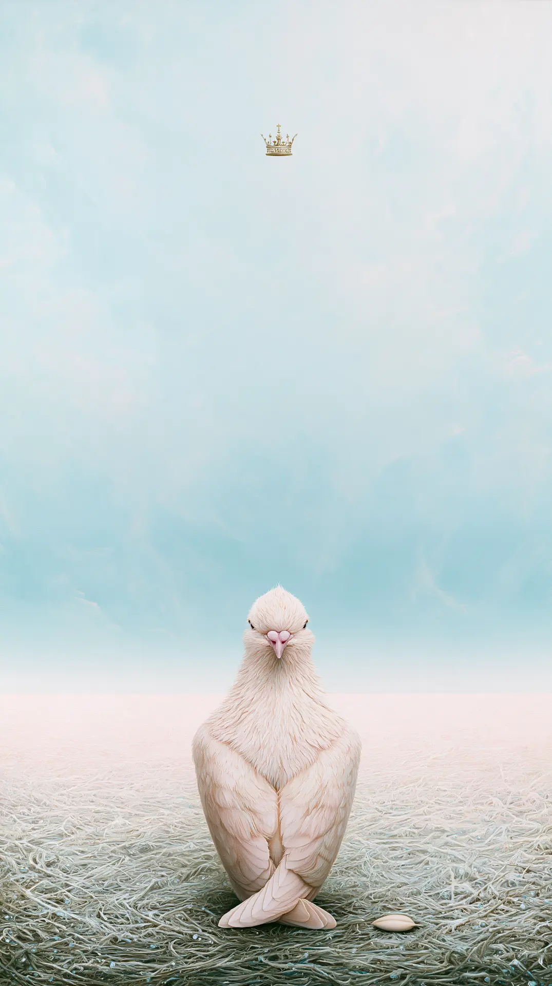 A single pale pigeon alone in an empty pastel landscape with a gold crown floating out of reach above.