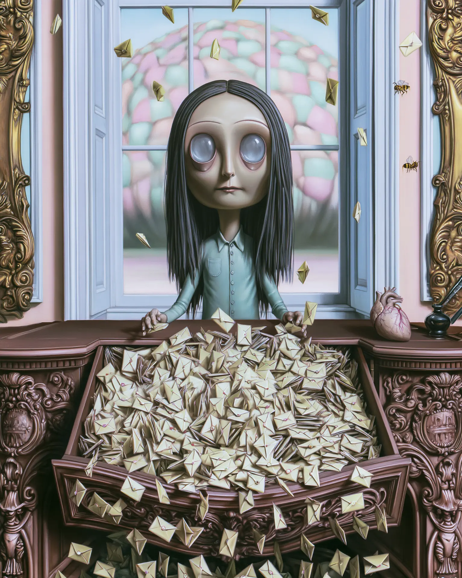 A porcelain-skinned woman at an ornate desk pulling open a drawer overflowing with folded paper slips.