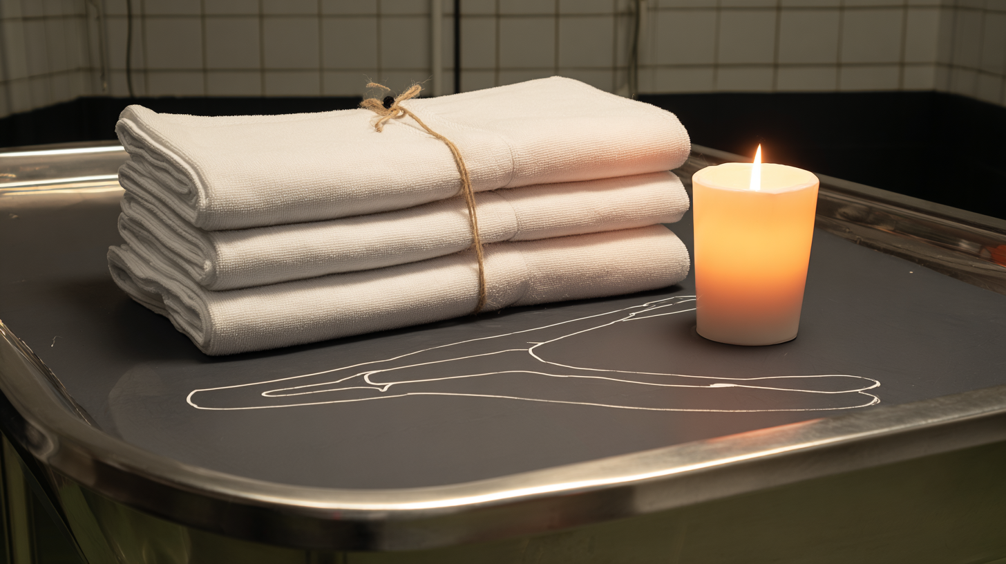 A folded stack of white towels on a steel autopsy table, inside an empty chalk body outline.