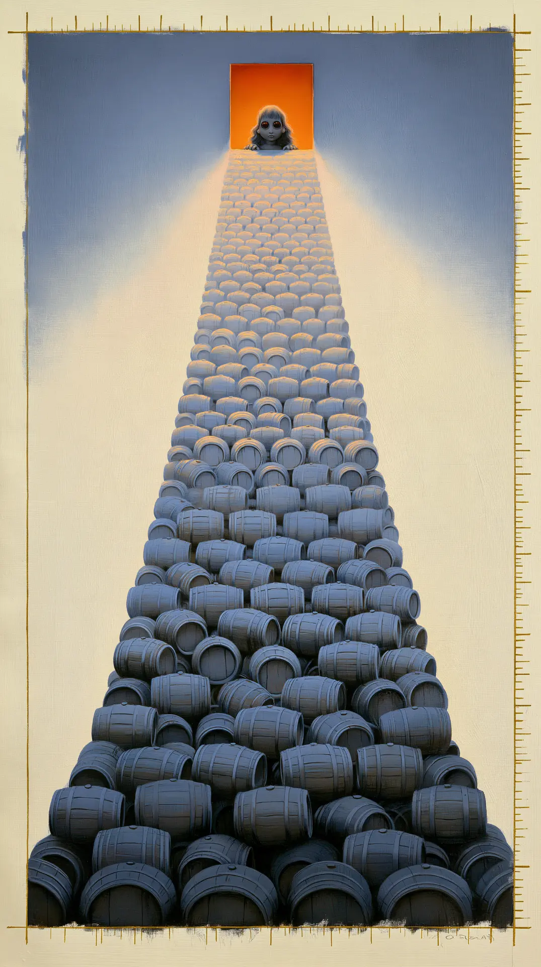 A vertical cross-section of an endless cellar shaft of stacked barrels descending into darkness.