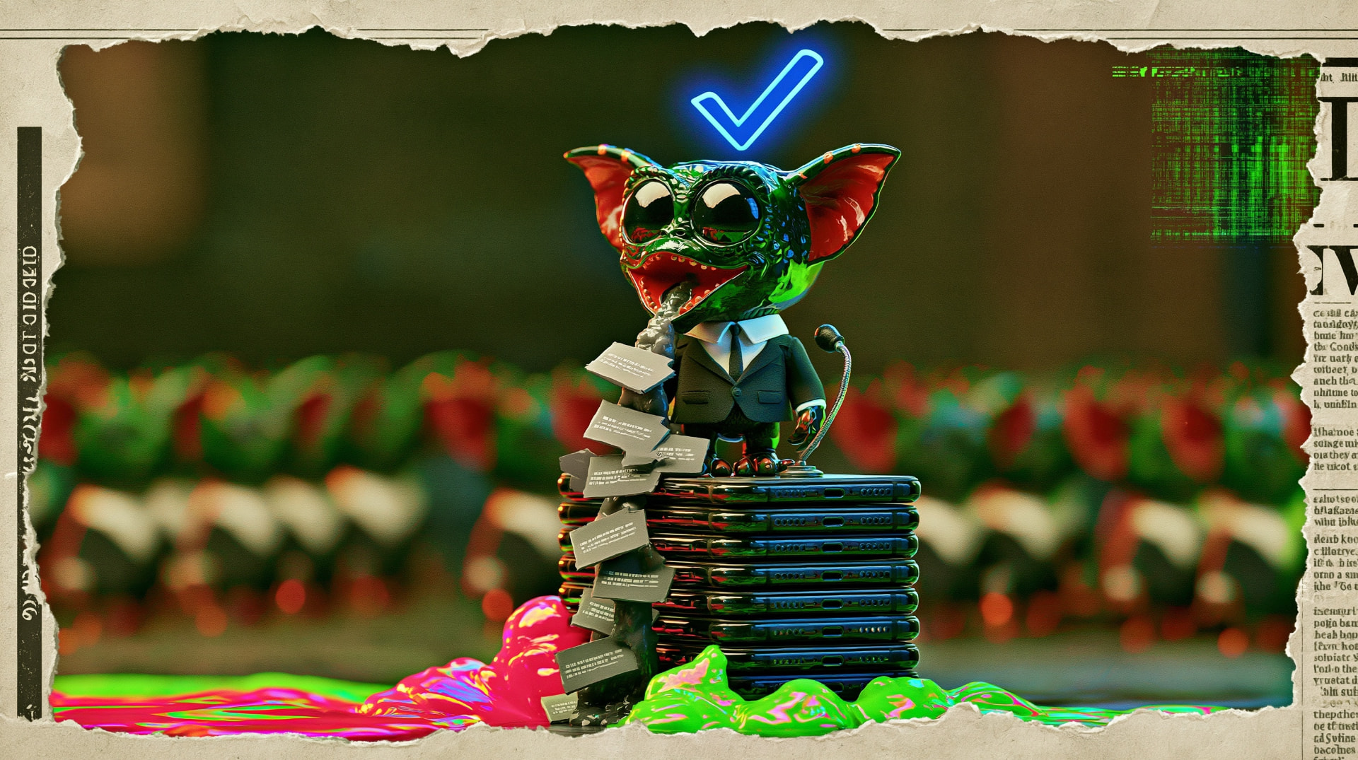 A gremlin figure in a business blazer at a podium, identical text-blocks pouring from its mouth.