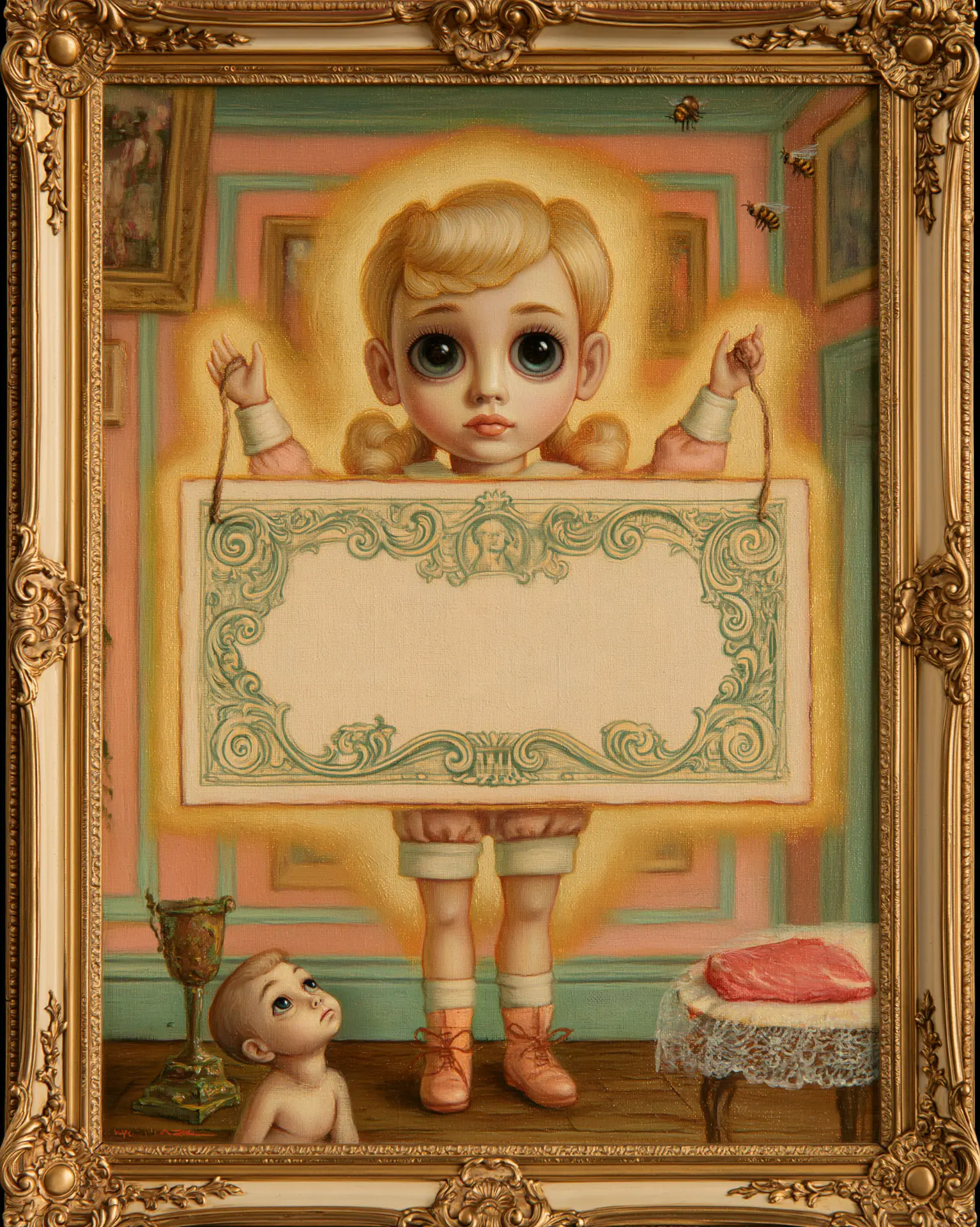 A porcelain doll child presenting an enormous ornate banknote that is completely blank.