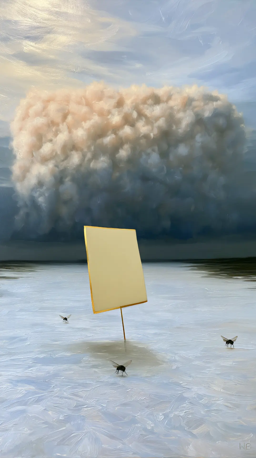A pastel storm front over a pale estuary with a blank sheet of paper suspended in the air.