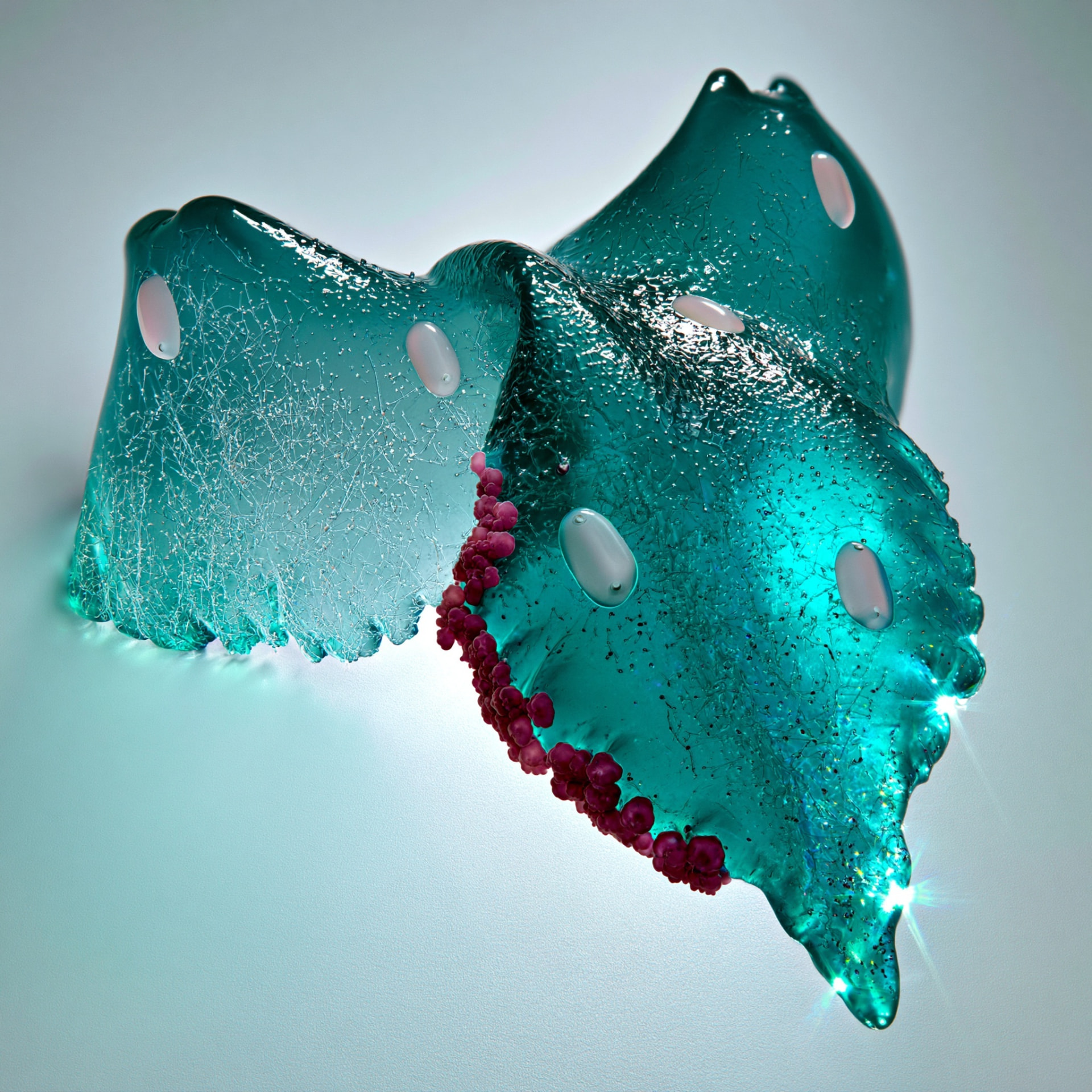 Specimen A: Idiosyncra electa, a translucent teal organism with pale ocelli and a magenta ridge.