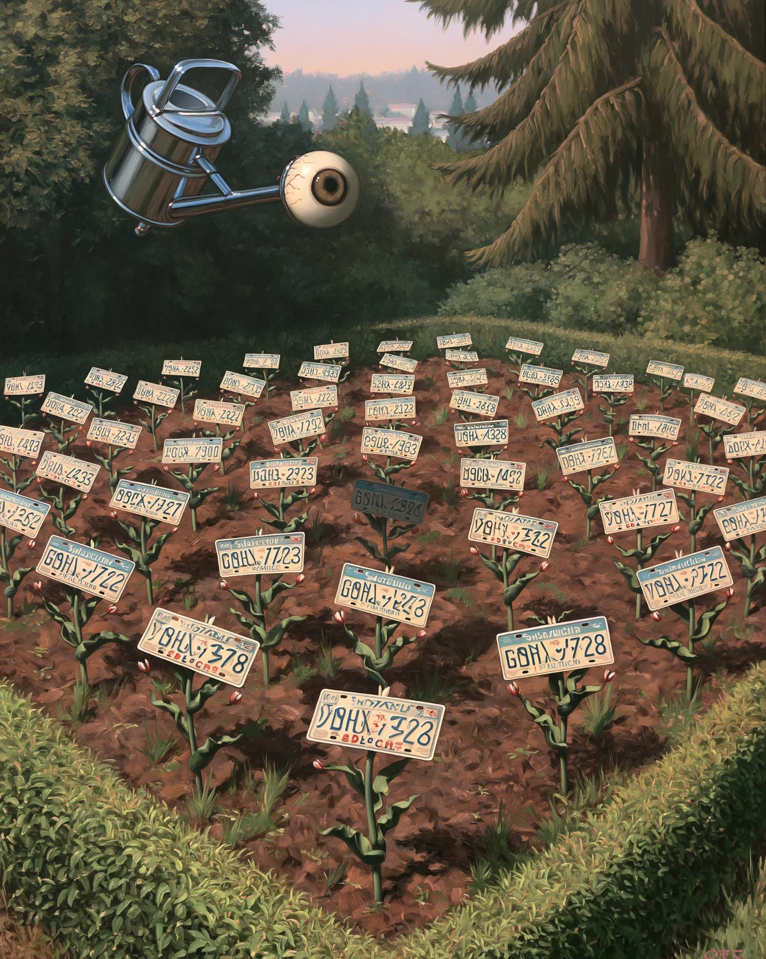 surrealist oil painting of a tilled garden plot where rows of license plates grow on green stems like crops, watered by a floating chrome watering can with a human eyeball for a spout