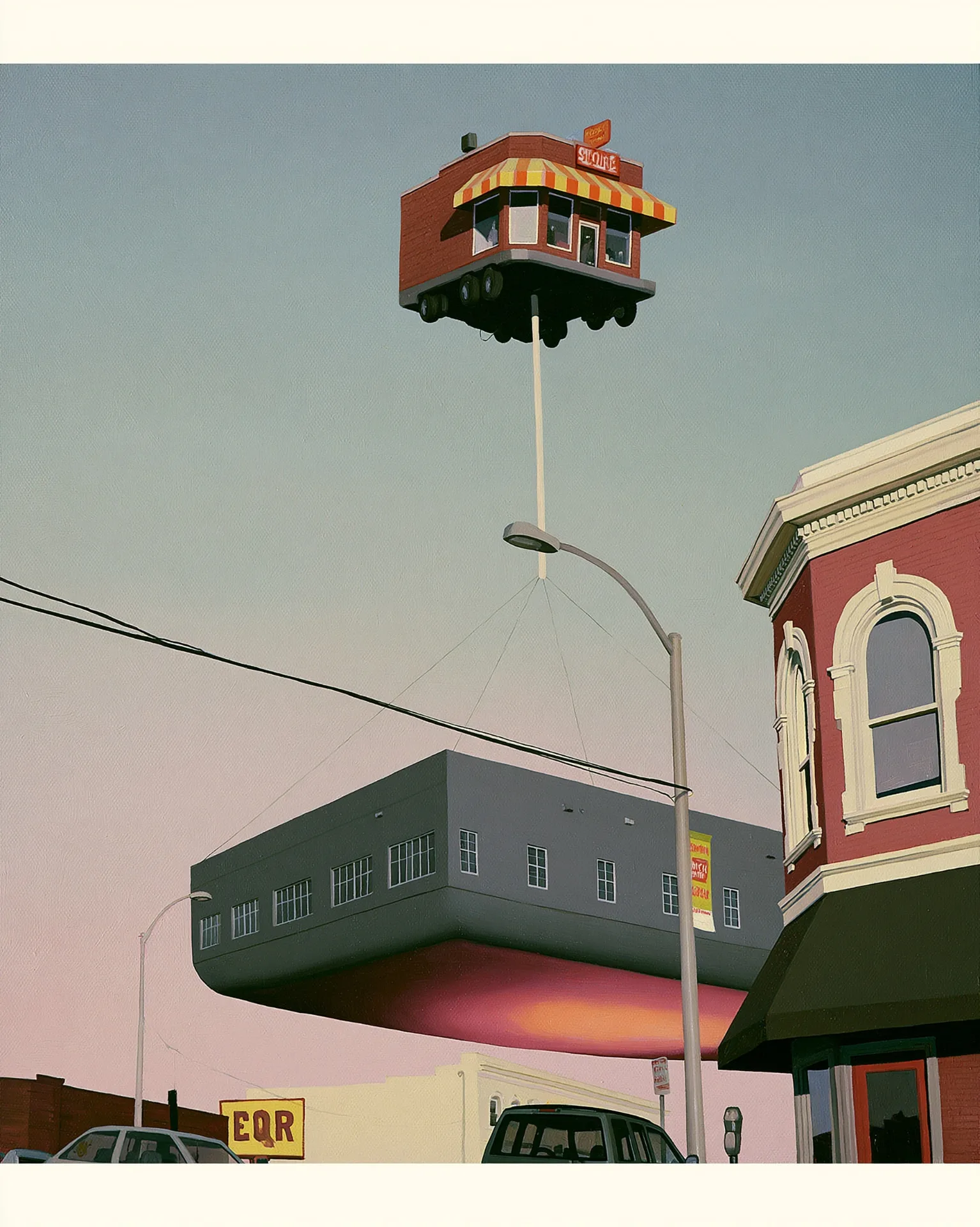 painting of an invented roadside diner building hoisted high into a pastel sky on a single thin pole above the low grey box of another building — an imagined structure, not a real location