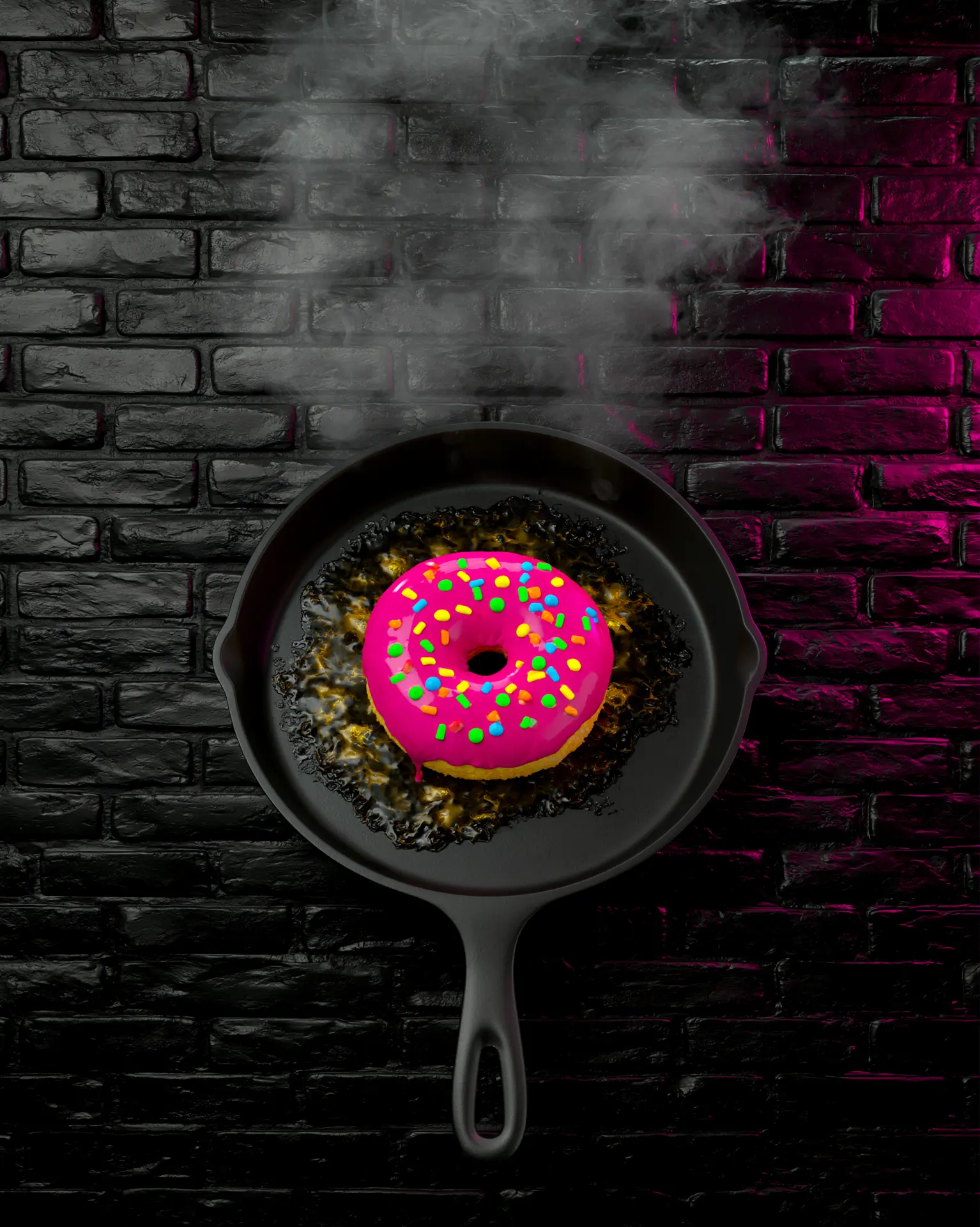 a glossy hot-pink glazed donut with rainbow sprinkles sizzling in a black cast iron skillet against a dark brick wall lit magenta, steam rising off it
