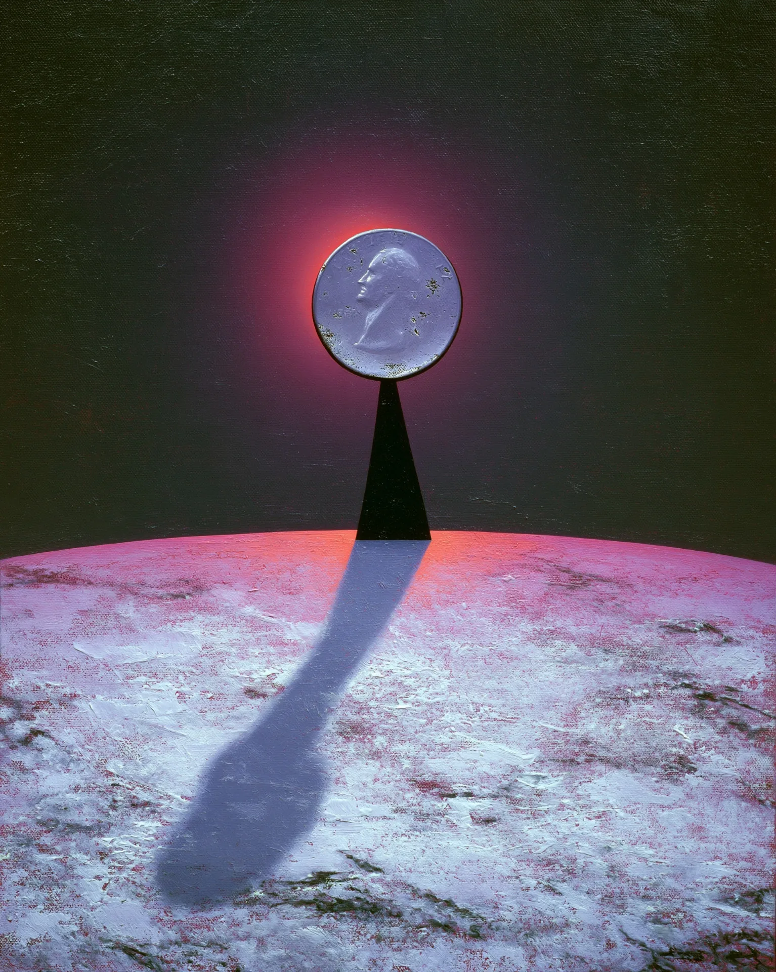 surrealist painting of a single worn quarter mounted like a monument on a pink horizon, casting a long shadow across a pale crumbling surface