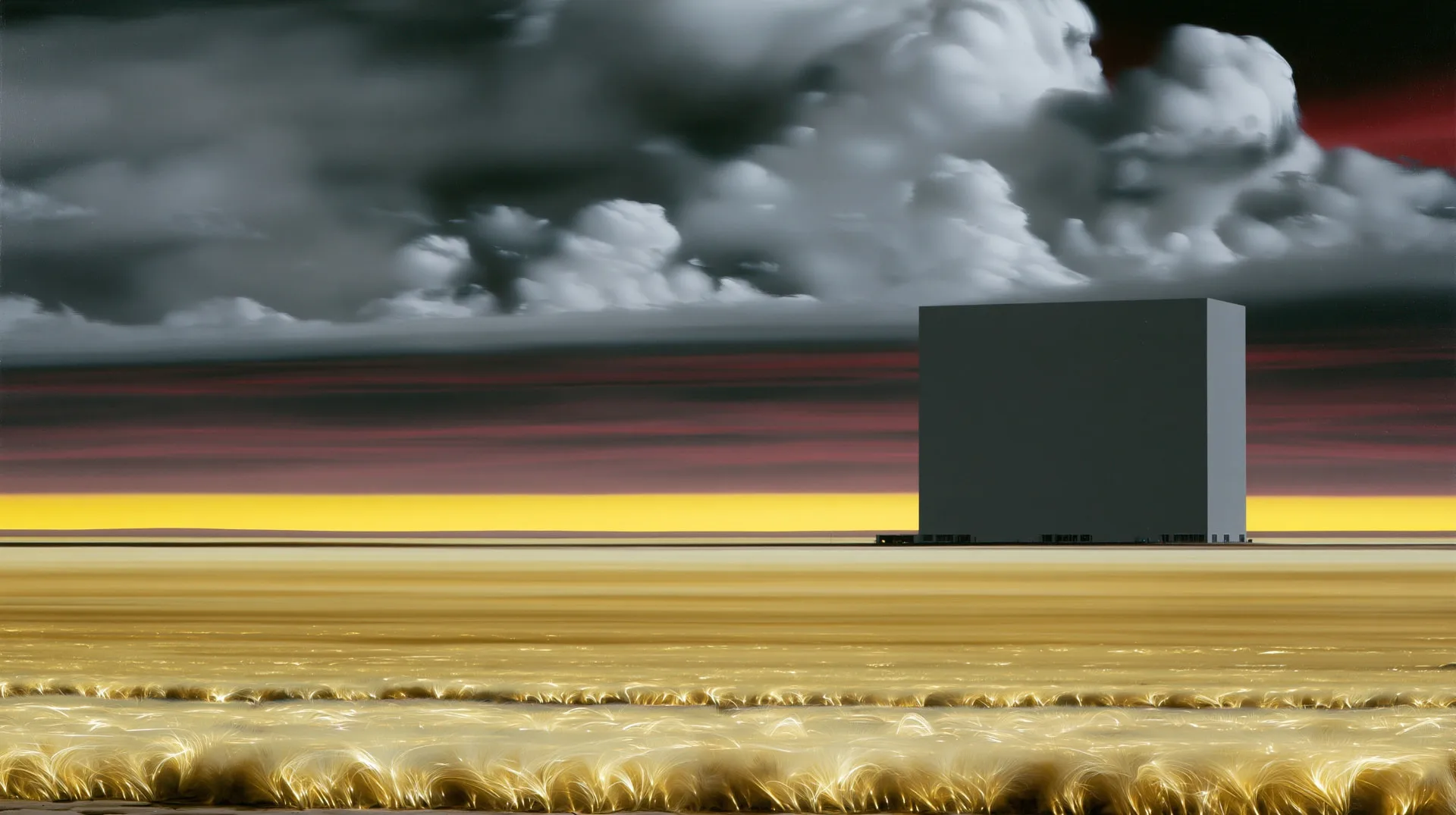 painting of a single windowless grey box building standing alone in a vast glowing yellow field beneath heavy storm clouds — an imagined pastoral, not a real facility