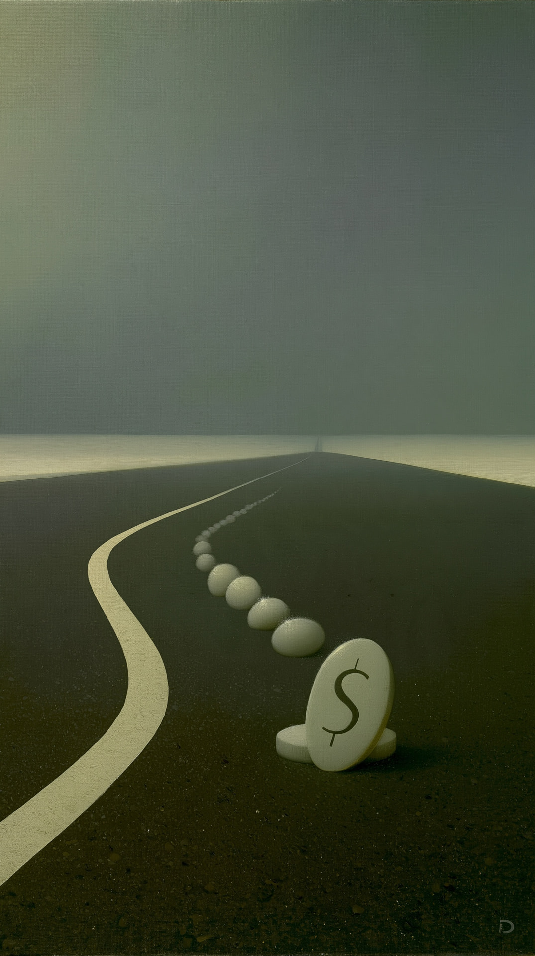 A straight road line that bends into an unnatural curve, trailed by scattered silver coins.