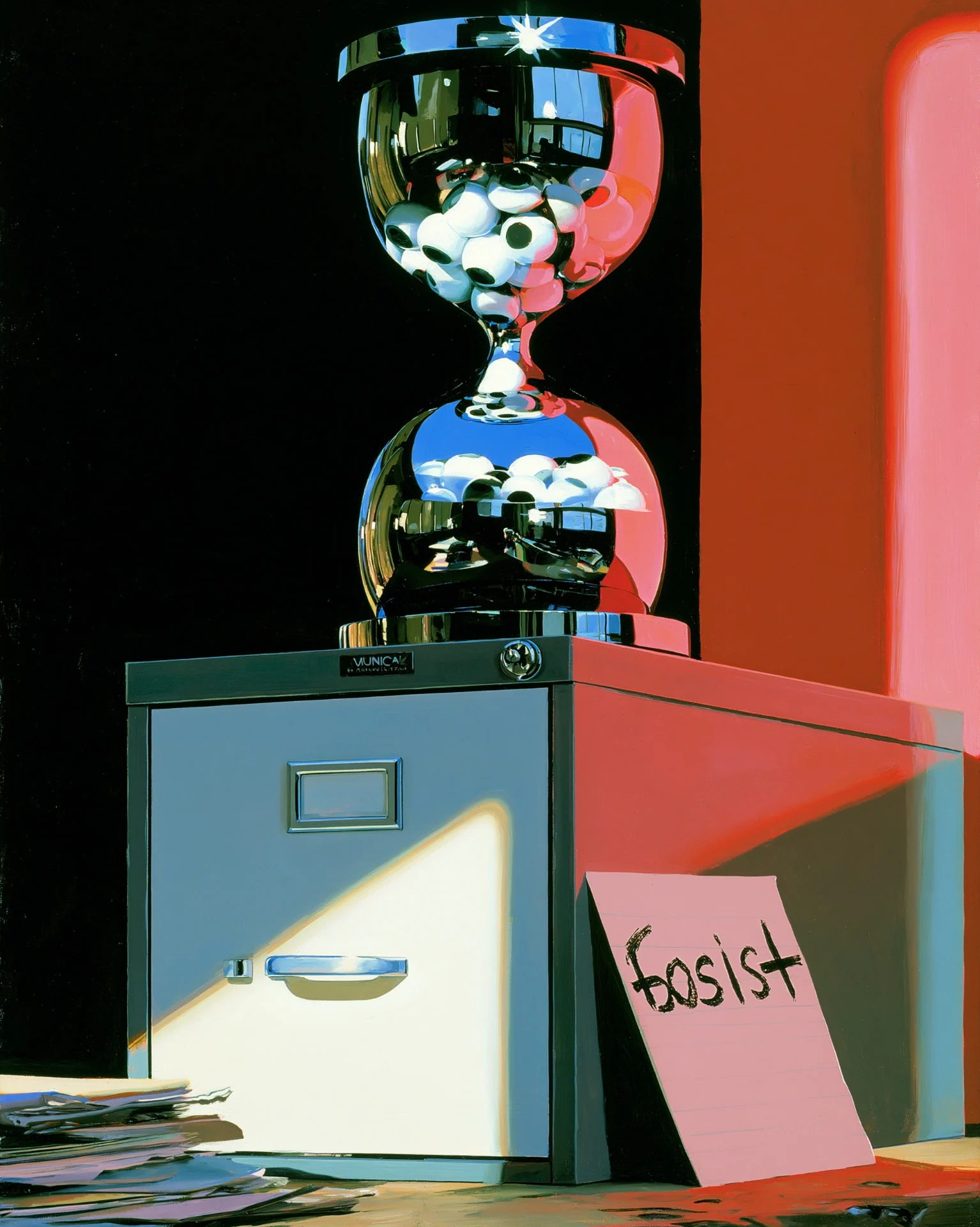 painting of a chrome hourglass filled with human eyeballs instead of sand, standing on a grey filing cabinet beside a handwritten note