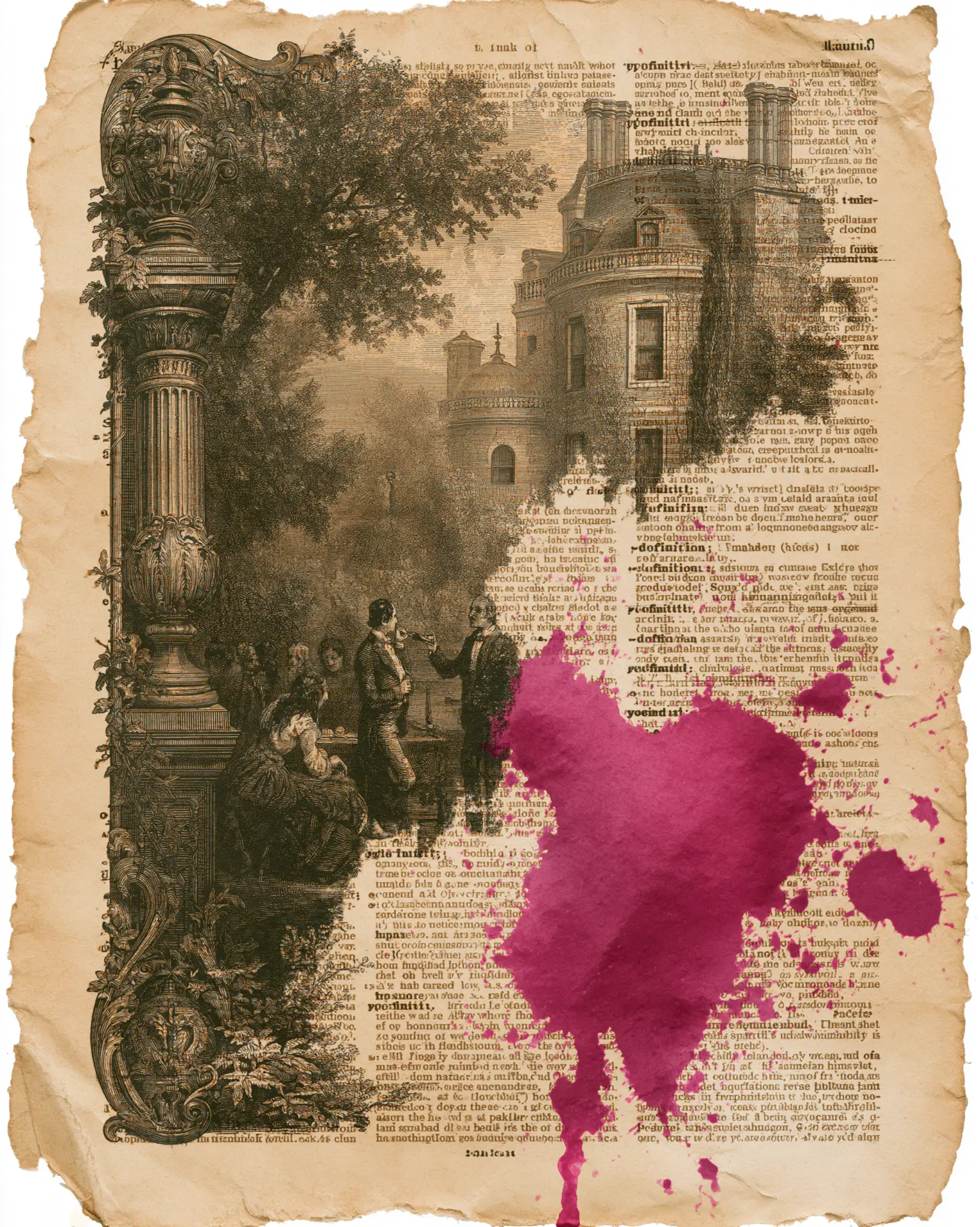 a torn vintage dictionary page with an ornate engraved illustration of a garden party, defaced by a large magenta ink blot spreading over the definitions