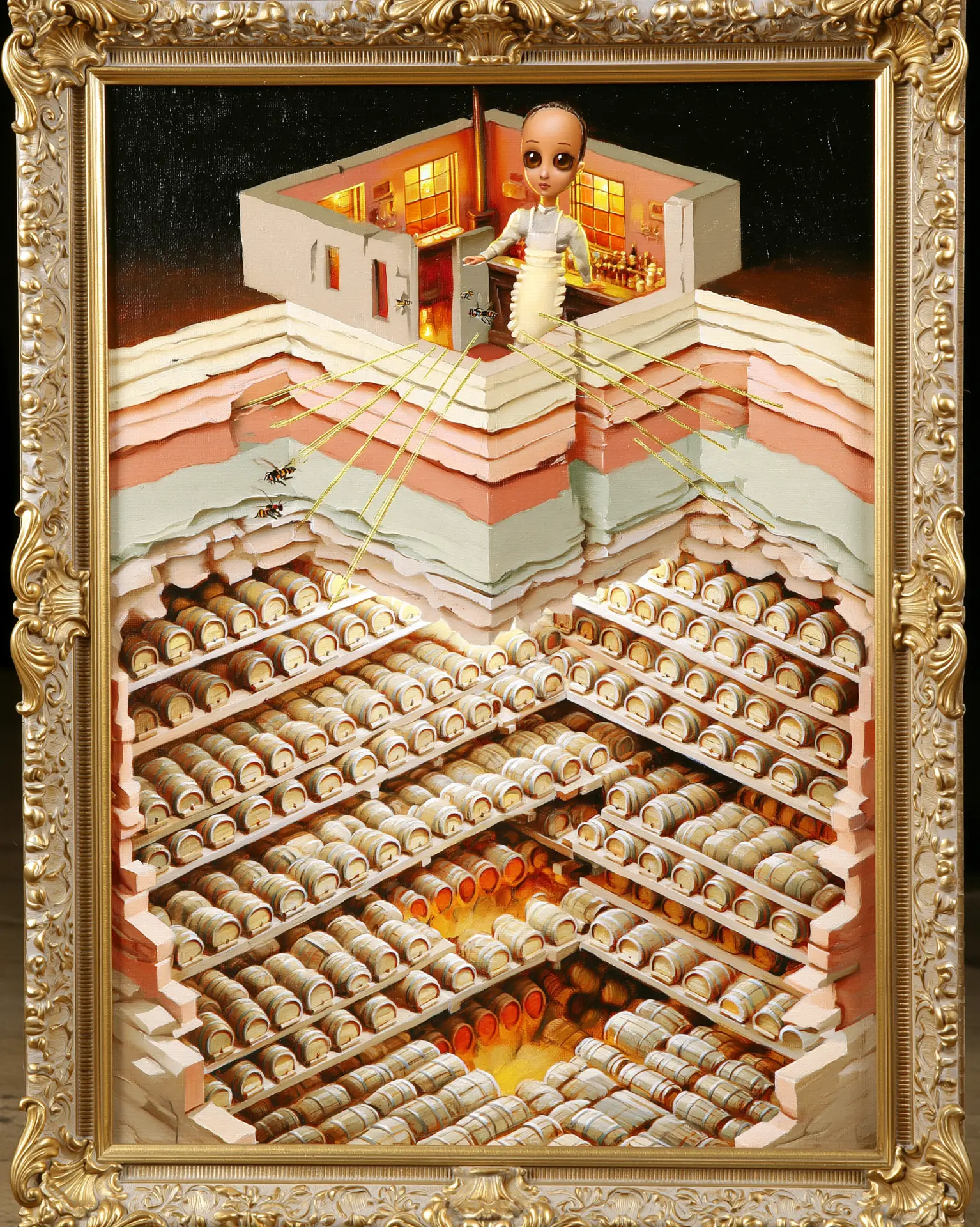An anatomical cross-section of a small pub above an impossibly deep cellar packed with barrels.