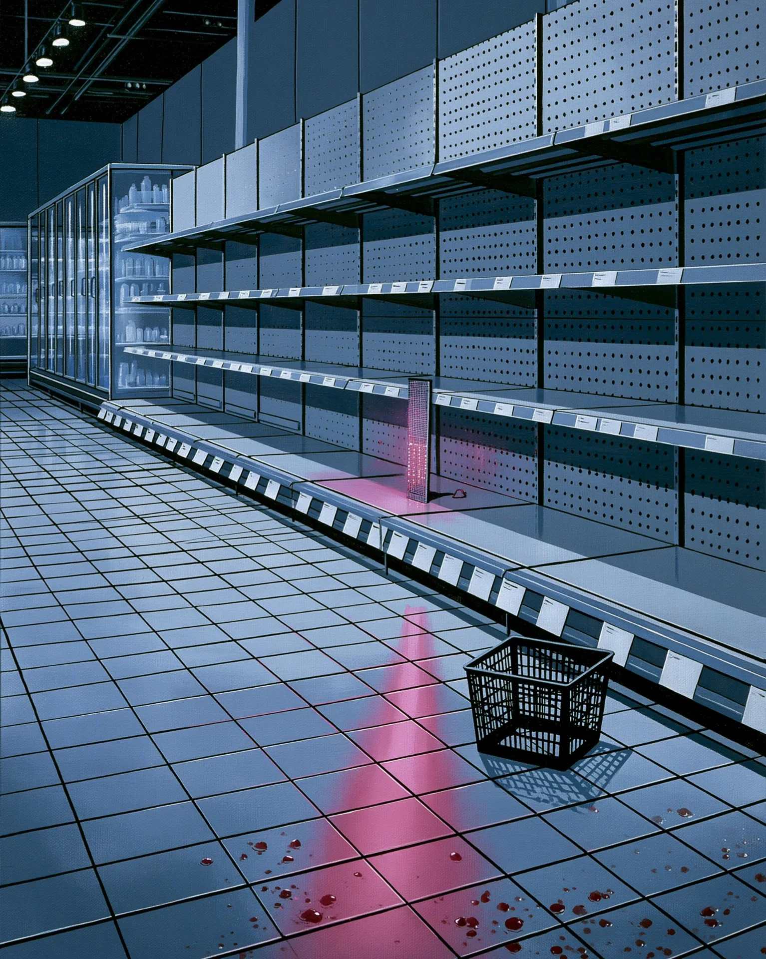 cold blue painting of a generic, entirely empty retail aisle with bare pegboard shelving, a discarded black shopping basket and a thin pink light spill on the tile floor