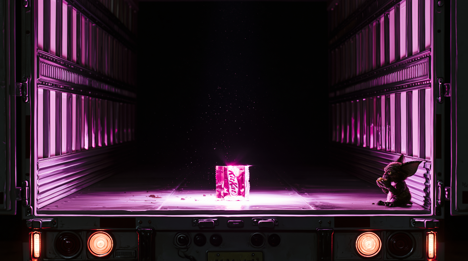 A glowing KitKat wrapper staged in the back of a truck like a heist artifact