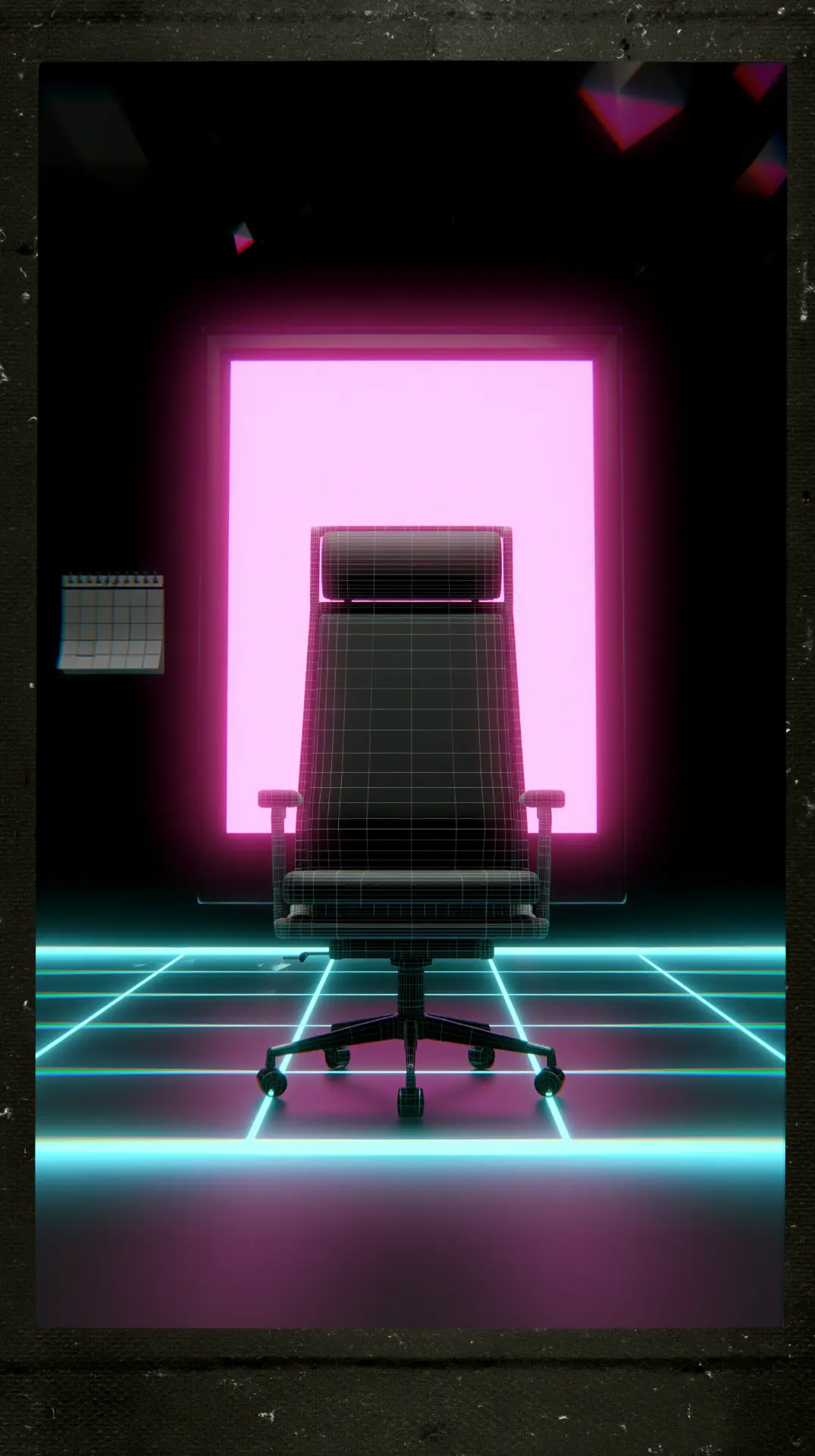 A single empty wireframe office chair facing a lit screen.