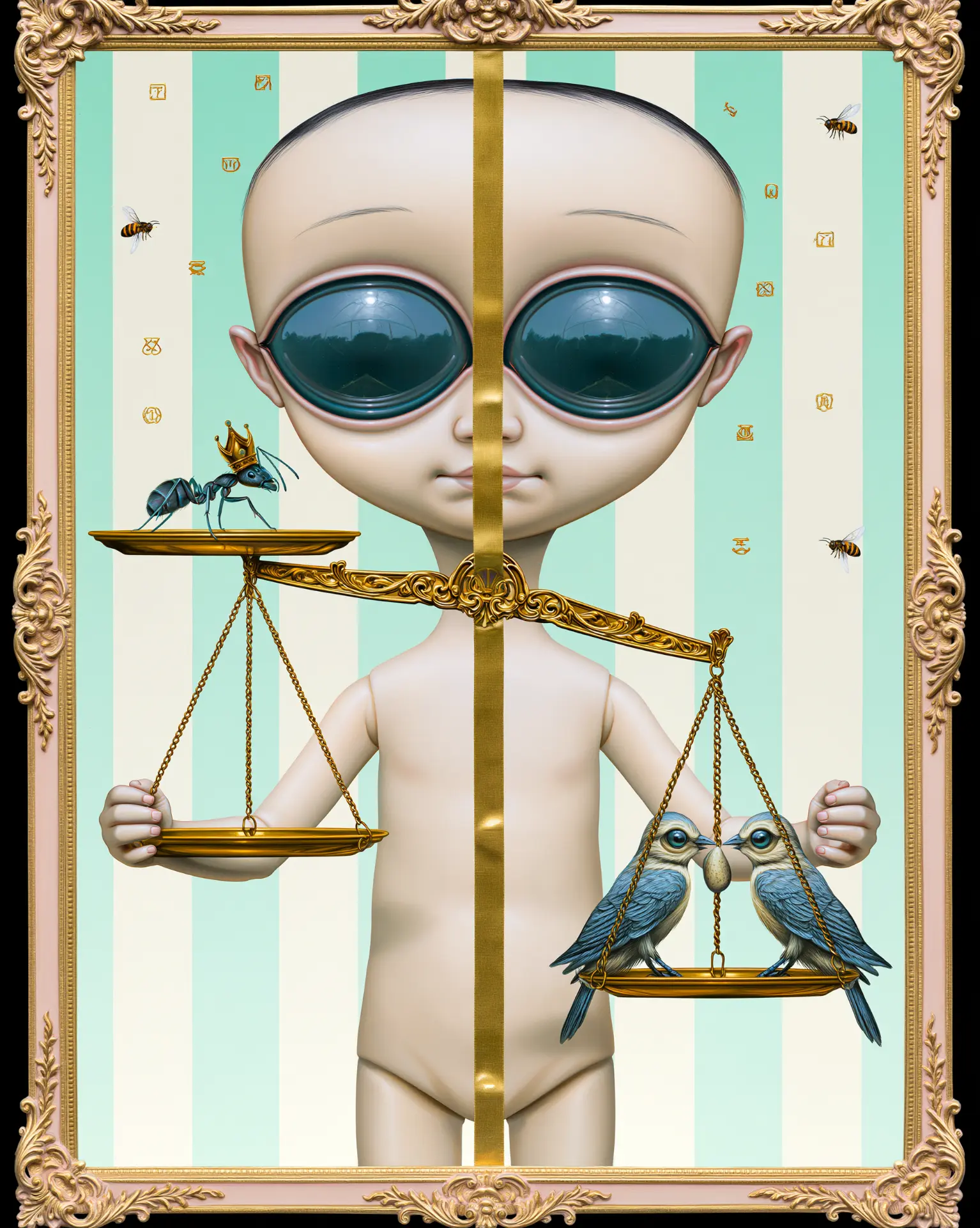 A porcelain doll child holding a gilded balance scale with a crowned ant on one pan and two birds on the other.