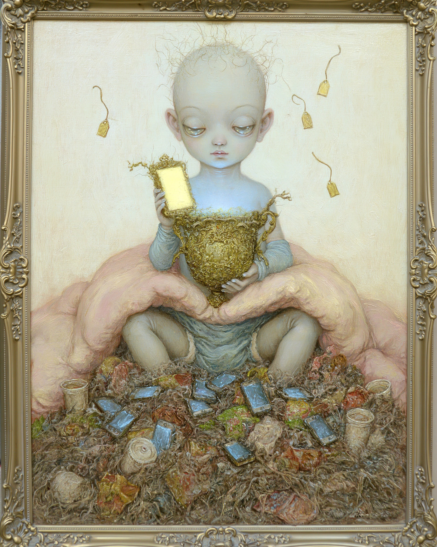 A porcelain doll child in a nest of bedding holding up an enormous golden phone like a relic, surrounded by glowing screens.