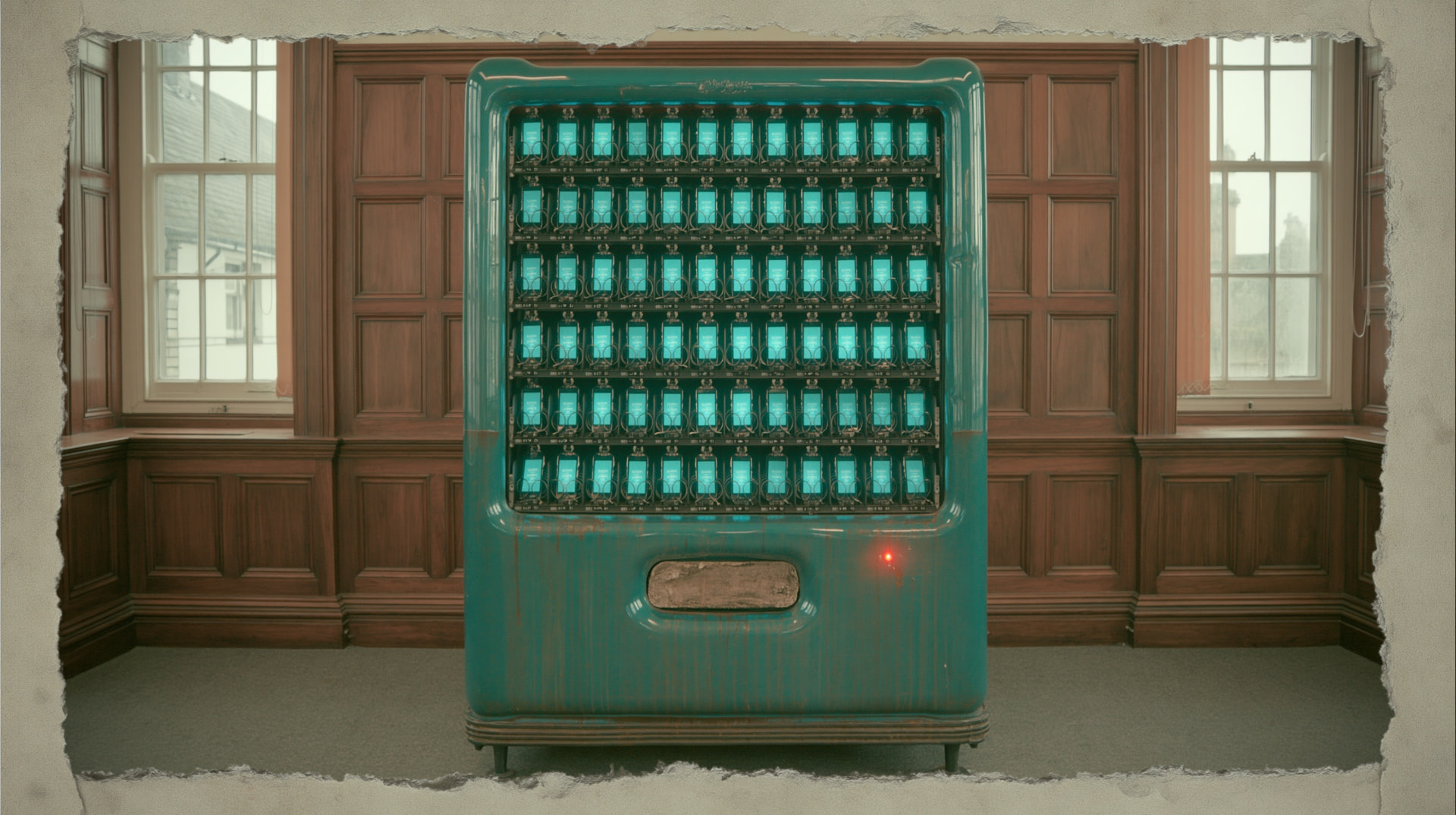 A vending machine stocked with glowing screens, standing in an empty courtroom.