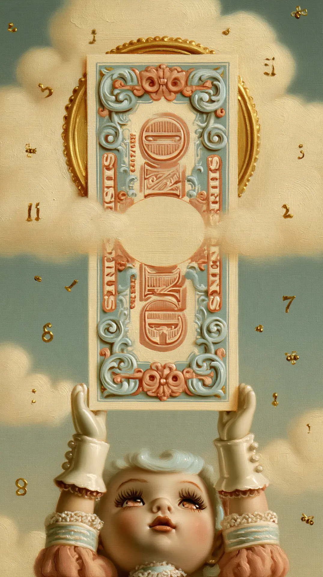 Small doll hands holding up a single blank ornate banknote against a vast pale sky.
