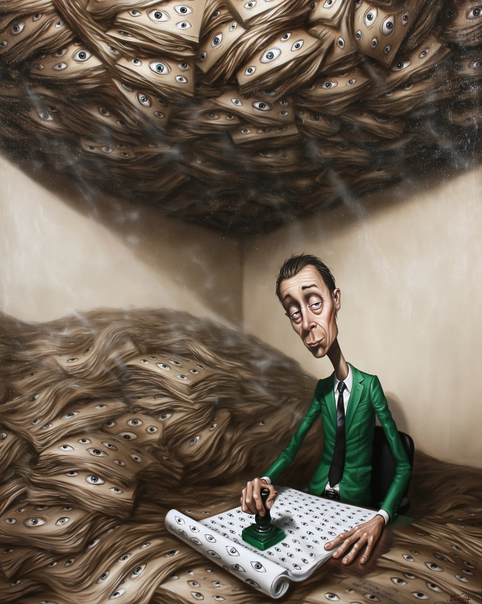 painted scene of a weary bureaucrat in a green suit rubber-stamping an endless scroll printed with open eyes, buried in drifts of identical stamped documents