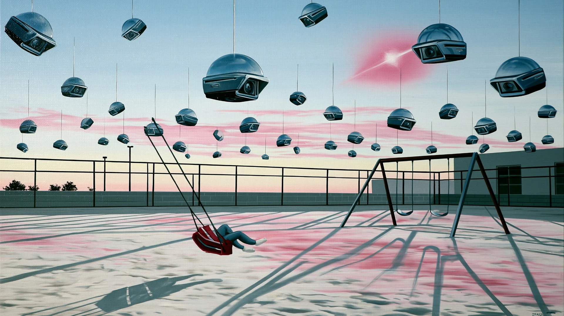painting of an empty school playground at dusk with dozens of surveillance camera domes hanging from the sky on thin wires, a single child mid-swing beneath them